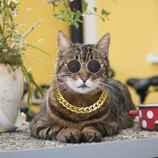 Cat Solbriller Gullkjede Kostymedekorasjoner- Katt UV-beskyttelse Klassisk Retro Valp Retro Svarte Solbriller Faux Gold Justerbar kjede Fotorekvisitter