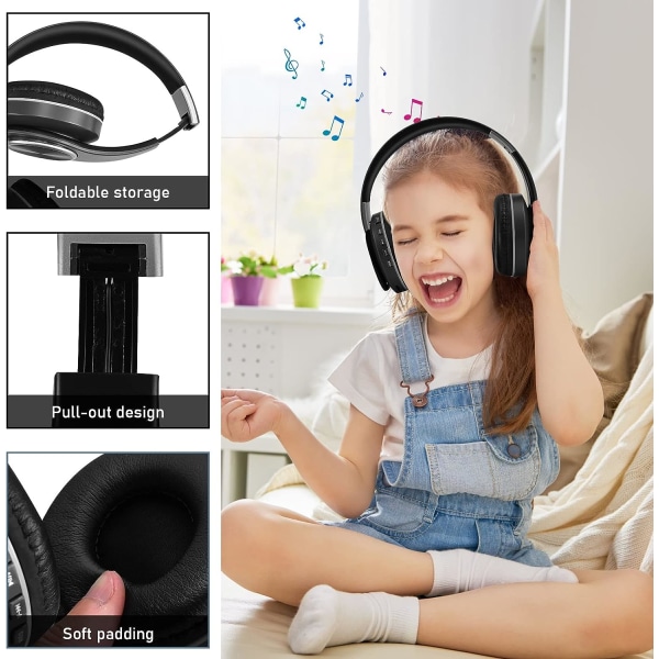 Trådlösa hörlurar över örat, trådlösa stereohopfällbara hörlurar Inbyggd HD-mikrofon, FM, SD/TF, Deep Bass Lättviktsheadset med tråd (svart)