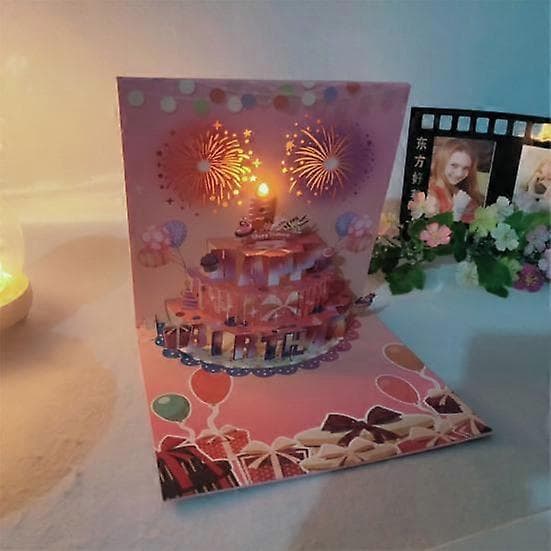 3D Pop Up Bursdagskort Bursdagskake Gratulasjonskort med Pyroteknikk Musikk A