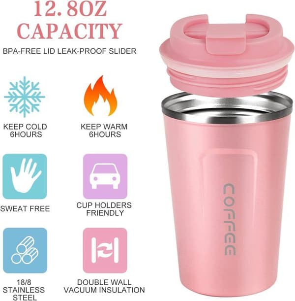 380ML Isolert Kaffekopp, Reisekaffekopper, Reisekrus i Rustfritt Stål (Rosa)