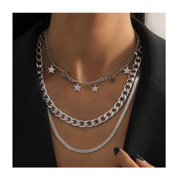 Punk Multilayer Halskæde Stjerne Slange Knogle Link Multilayer Choker Halskæde Lag Papirclips Halskæde Kæde Smykker silver B