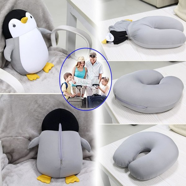 2 in 1 Travel Pillow Cabriolet lasten kaulatyyny lentokonematkoille nukkumiseen, harmaa pingviini