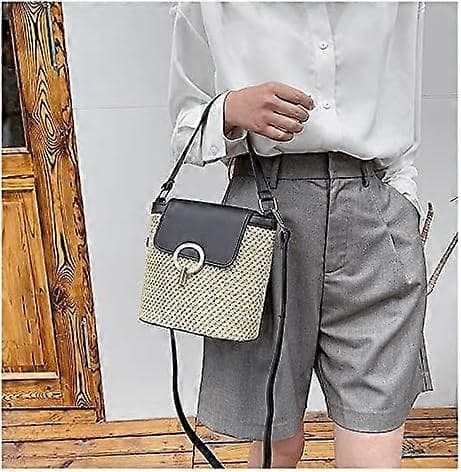 Små Hinkväskor i Halm för Kvinnor Sommar Crossbody Väskor Dam Reseplånböcker och Handväskor Kvinnlig Axel Enkel Väska Brun black