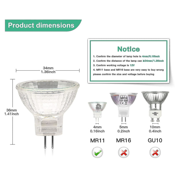 Mr11 halogenlampor (paket med 12 st), Gu4 halogenlampa 12v 20w, Mr11 Gu10 dimbart cover för taklampa