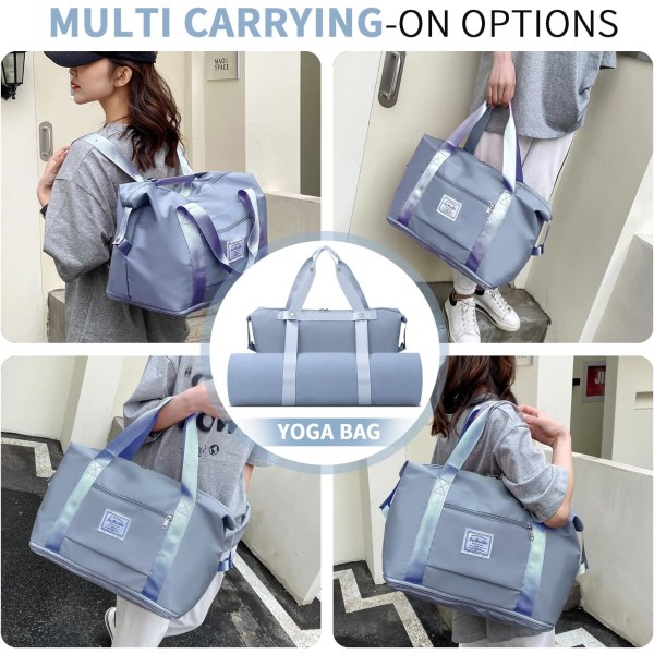 Udvidelig rejsetaske til kvinder med trolleyærme, mulepose til weekendsygehus med dobbelt skulderrem, bærehånd-blå aske