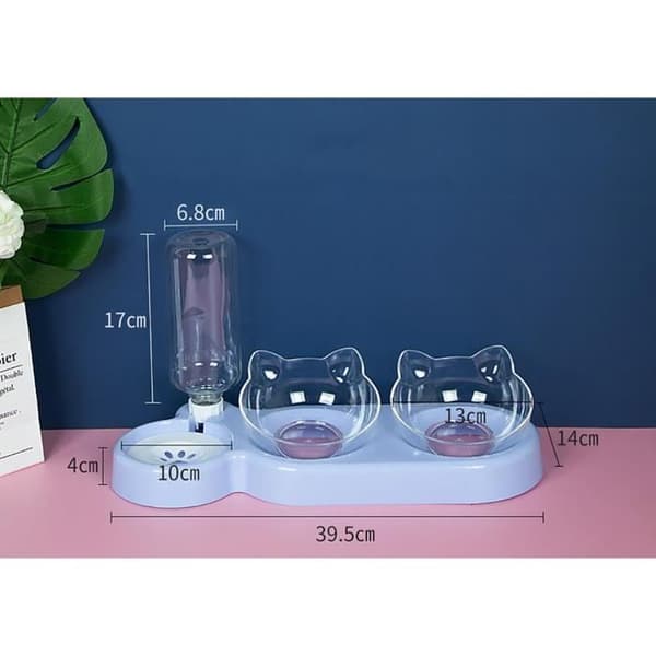 Dubbel 3-i-1 kattskål – skål, mat- och vattendispenser, 15° lutning, PP, Rosa