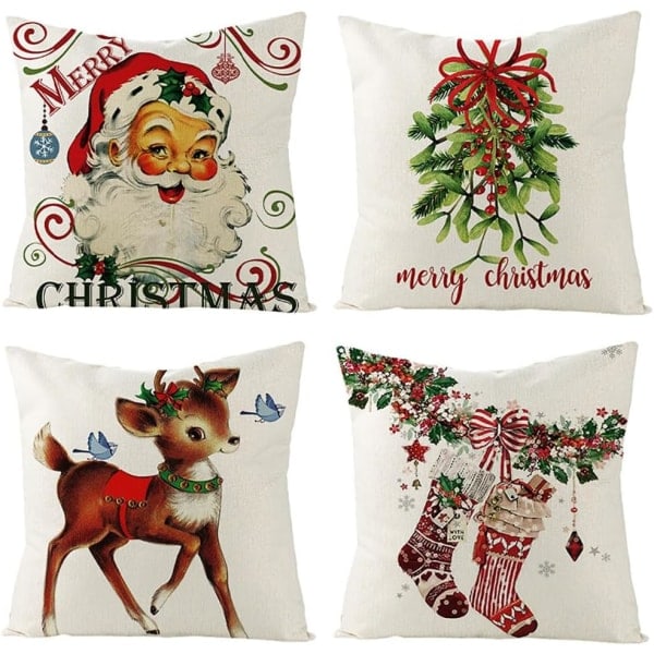 Jul Kuddfodral Set om 4 18 x 18 Tum Linne Kuddfodral Julgran Tomte Snögubbe Tryck Vinter Jul Dekorativ Kudde