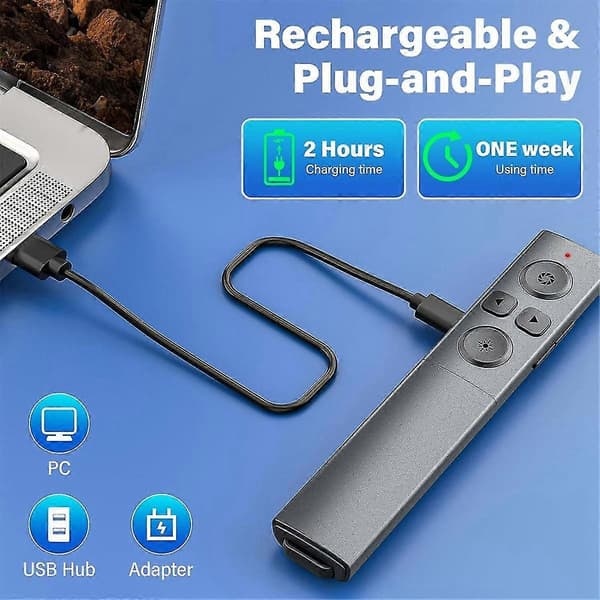 2-i-1 USB Typ C Presentation Clicker, Uppladdningsbar Trådlös Presentatör Fjärrkontroll, Klicker för PowerPo