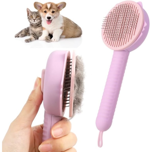 Kattebørste Hundebørste til pleje, selvrensende massage Kattebørste Kattehundekam med håndtag til kort langt hår, kæledyrsbørsteværktøj til fjernelse af løs under