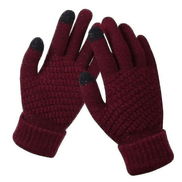 Vinterhandskar med pekskärm för kvinnor, varma fleecefodrade stickade handskar Elastisk manschett Vintertexthandskar vinröd