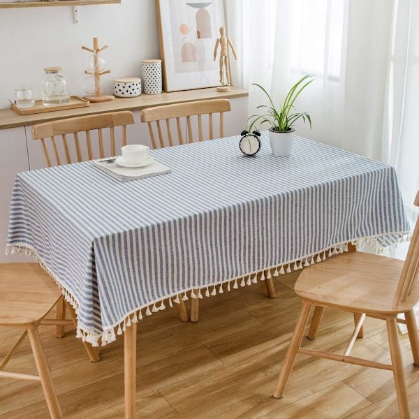 Bomullslinduk med striper og dusker, firkantet duk, støvtett duk for kjøkken og spisestue (140 cm x 140 cm, blå)