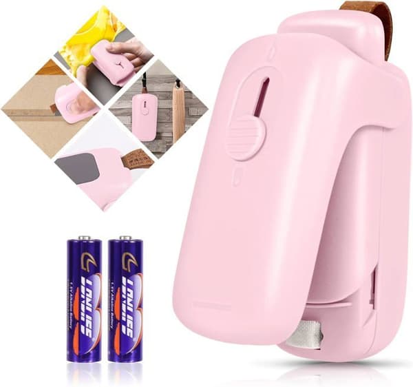 Minipåsförseglare, bärbar vakuumförseglare, 2-i-1 förseglare och skärare med snodd (2 AA-batterier ingår) - Rosa