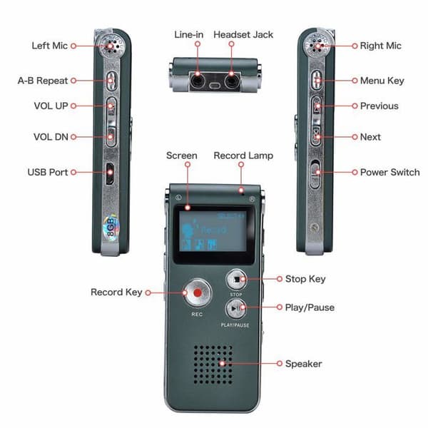 Bærbar digital stemmeopptaker - BEIJIYI - 8GB - MP3-spiller - Grå - 2,4-tommers LCD