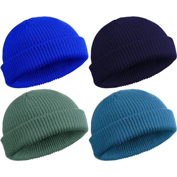 4 st Trawler Beanie Watch Hat Rulla upp Kanten Skullcap Fiskare Beanie Unisex - Sjöblå, Grön Grå, Marinblå, Royalblå