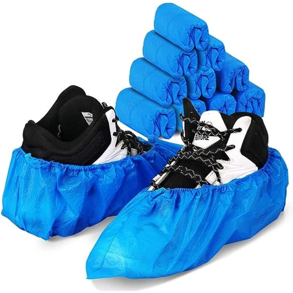 100 Pack Blue Kertakäyttöiset kengänpäälliset Cover Vedenpitävä, Pölytiivis, Liukumaton, Sopiva one size , Suojaa kenkiäsi, mattojasi ja lattioitasi