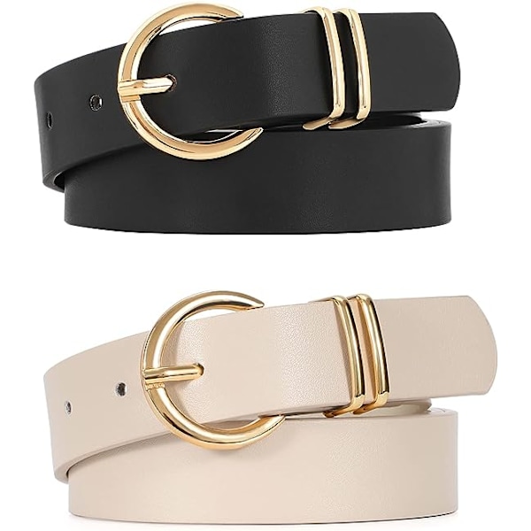Dame Læder Bælter til Jeans Kjoler Mode Guld Spænde Dame Talje Bælte, 2 Pakke(sort+beige)