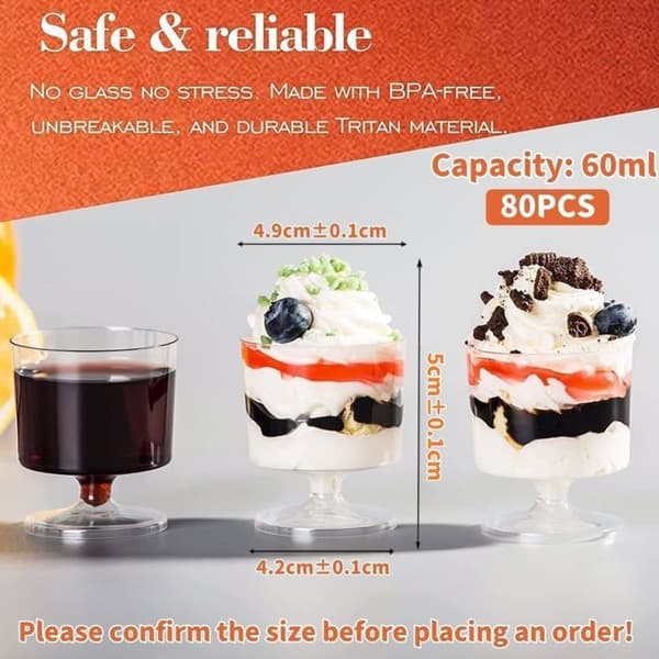 Sæt med 80 plastikglas, 60 ml, runde, perfekt gennemsigtige og genanvendelige til servering af mousse.
