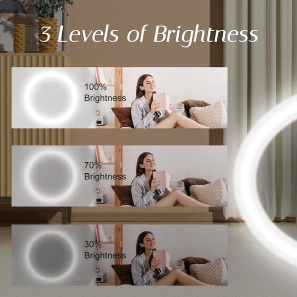 Lommespejl med LED-ringlys, USB-opladningskabel, 2x forstørrelse, vendbart, foldbart, elfenbenshvidt.