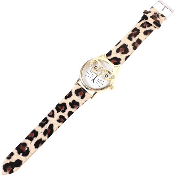 Kattklocka för kvinnor - Kattklockor för kvinnor Söt damklocka Damklockor Leopard PU-läderrem Kvartsklocka