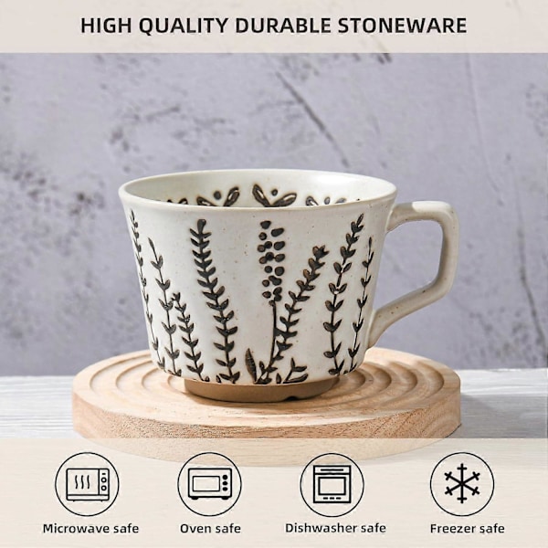 SBSG Keramisk Kaffekopp, 35 cl Nyhet Unik Tekopp med Stort Håndtak, Steinware Kopp for Te Mokka Latte Cappuccino Espresso (1 Pakke, Blad)