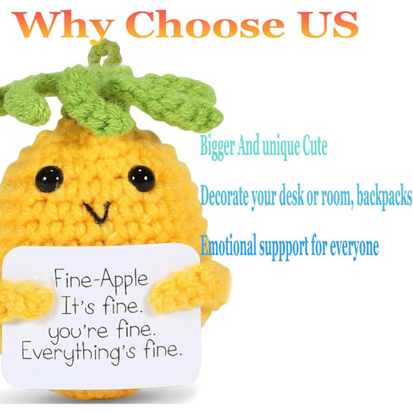 Ananas för emotionellt stöd, Presenter till kvinnor, 8 cm Positiv Ananas Handgjord Söt Stickad Virkad Docka, Lyckobringare, Roliga Avskedspresenter