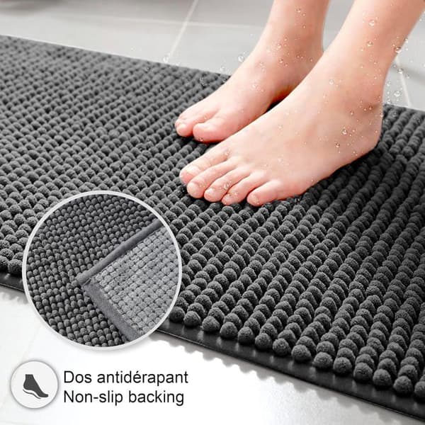 Chenille bademåtte, skridsikker, 40x60cm - Super absorberende og maskinvaskbar - Til badeværelse og bruser - Mørkegrå