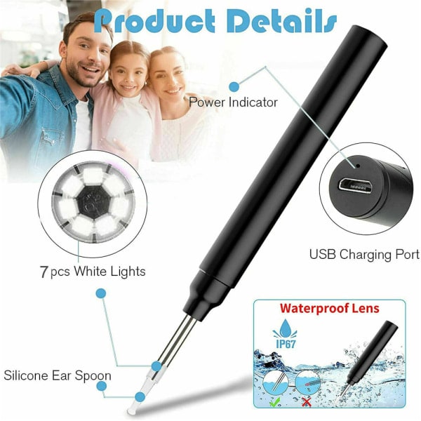 Trådlös öronvaxavlägsningskamera 1080P Endoskop Pure Otoscope Black