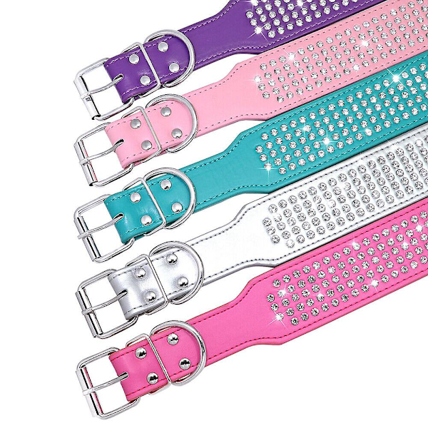 5-rivinen strassi PU-nahkainen koiranpanta, timanttikoriste, suurille koirille, 2.0\" leveä L:Neck 43-50cm Pink