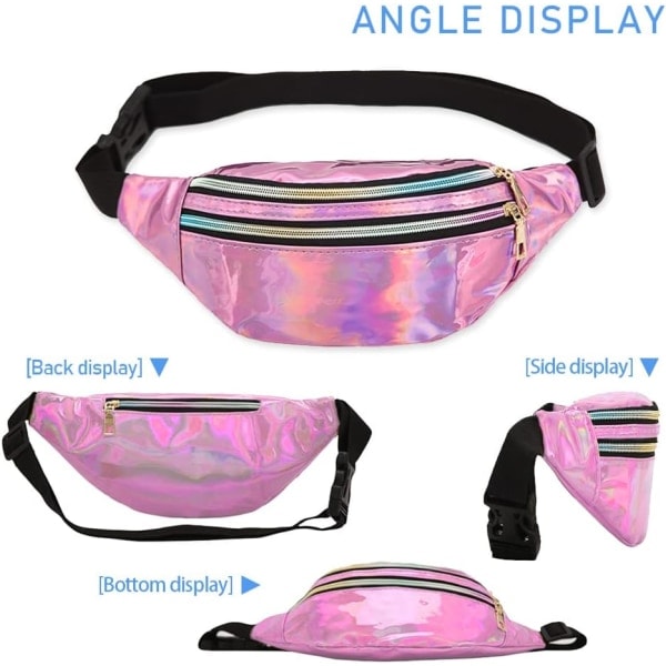 2 kpl Holograafisia vyölaukkuja, Iridescent Fanny Pack, Kiiltävä vedenpitävä vyölaukku urheiluun, matkustamiseen Purple, Silver