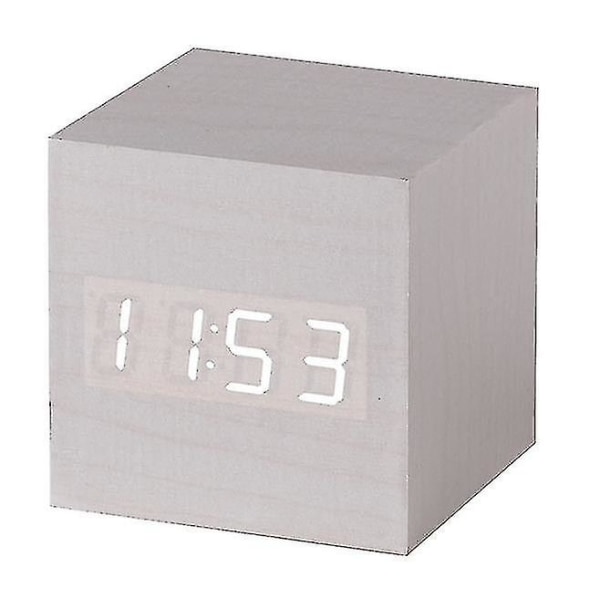 Träklocka kreativ elektronisk klocka fyrkantig digital klocka mini väckarklocka termometer sängklocka (tid, datum Temperatur) -A4