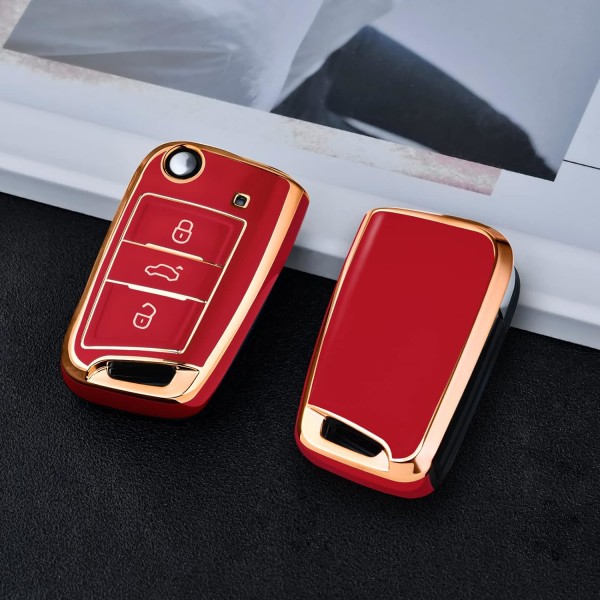 Bilnøglecover til VW Golf 7 nøgleboks/nøgleetui cover til VW, Polo, Skoda, Seat, 3 knapper Golden Edge Red