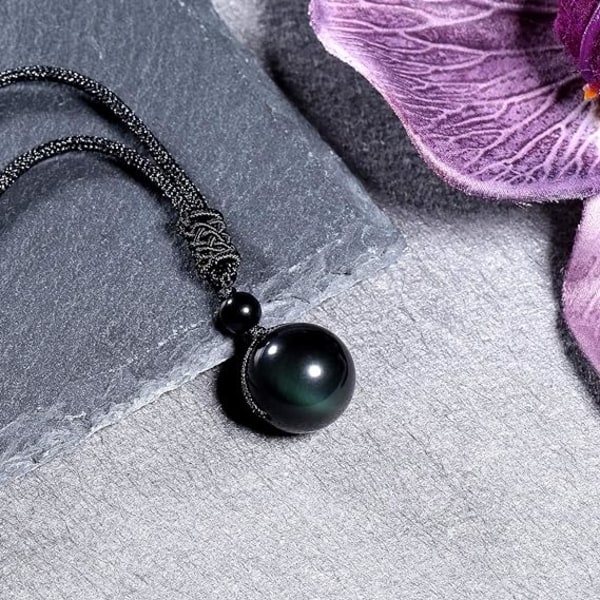 16 mm Natural Black Obsidian Rainbow Eyes Stone Lucky Blessing Chakra Beads Pendant halskæde med justerbar flettet reb ledning