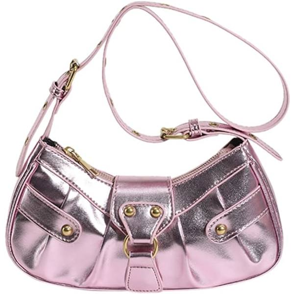 Dame skuldertaske punk stil nitte taske håndtasker PU læder halvmåne taske Y2k pung halv måne underarm taske motorcykel skuldertasker-pink