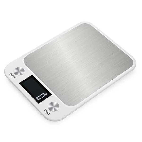Digital köksvåg, elektronisk matvåg, LCD-display, 5 kg maximal kapacitet, vit