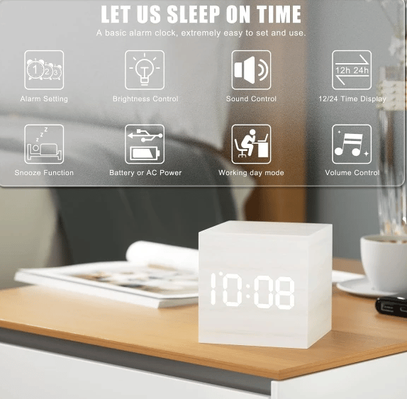 Digital Väckarklocka Trä LED-ljus Multifunktionell Modern Kub Display Datum Temperatur Lämplig för Resor Hemmakontor (Vit)