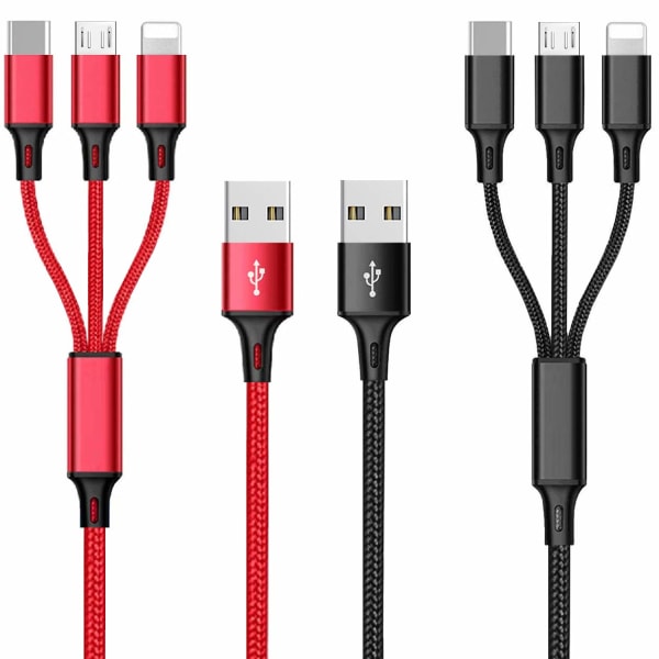Multi 2-pack, 3A 3 i 1 snabbladdningssladd, 1,25 M nylon multipel USB kabel med iP Micro USB Typ C-port