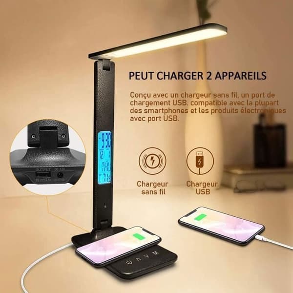MAGICFOX Dæmpbar LED Bordlampe, 3 Tilstande - 3 Lysstyrkeniveauer - LCD-skærm - Trådløs Opladningsfunktion - Gratis LED Pære