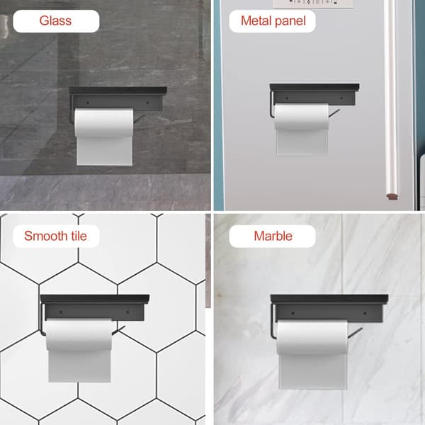 Toiletpapirholder i aluminium til vægmontering (boret/uden boring) med brede hylder, til vægmontering (sort)