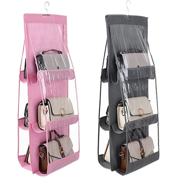 2 stk 6 hængelommer, gennemsigtige rum til taskeopbevaring, hængelommer til håndtaskeopbevaring Hængende i skab og soveværelse Grå + Pink