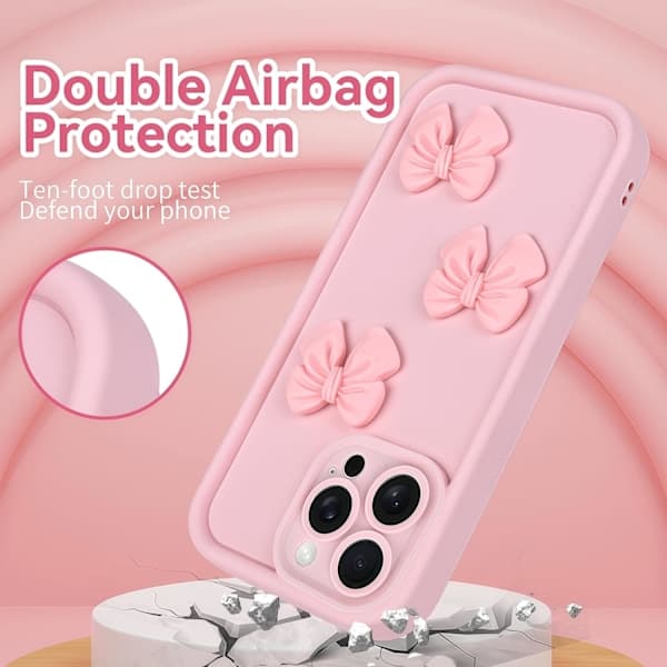 Søte deksler til iPhone 16 Pro Max Rosa 3D Sløyfe Design Mykt Støtsikkert Beskyttelsesdeksel til Jenter Kvinner