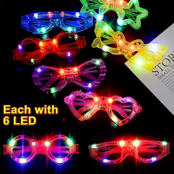 24 pakker Led-briller for barn Glow In The Dark Festrekvisita Favor,6 Led 6 Shapes Briller Blinkende Plast Light Up Glassleker Bulk 3 Utskiftbar flaggermus