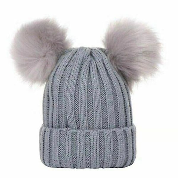 Vastasyntyneen vauvan pojan ja tytön kaksinkertainen turkispompon hattu, talvinen lämmin neulottu bobble-pipo Grey Adult