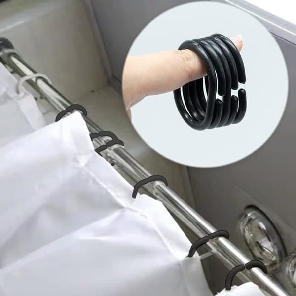 Sett med 12 skyvbare dusjforhengringer i plast, svart, ring001