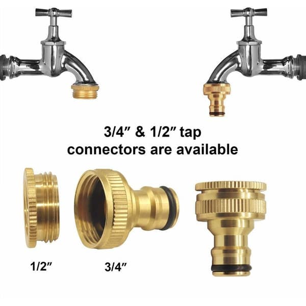 Sæt med 2 messinghane-forbindere – 1/2\" og 3/4\" indvendigt gevindadapter – Lige fitting til haveslange – Nem installation