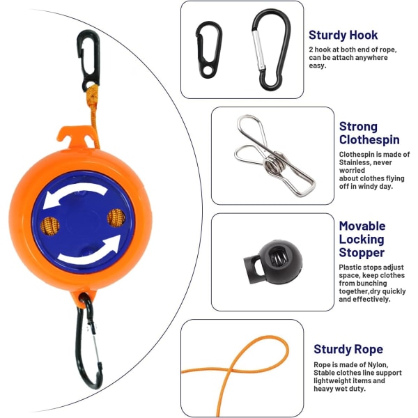 Bärbar reseklädlina, justerbar campingklädlina, 8 m anti-tangle infällbar klädstreck, med 10 fasta spännen och 20 klädnypor (8 m orange)