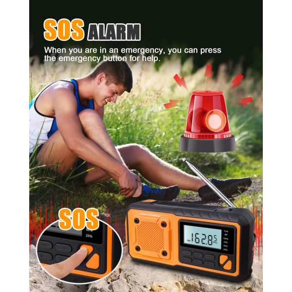 Vevradio, 4000mAh Power Bank Solar Hand Crank Radio, AM/FM/WB/NOAA og Alert Portable Weather Radio