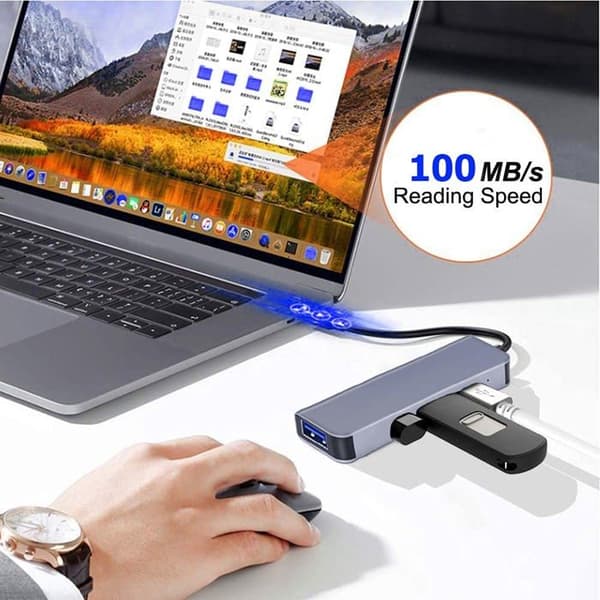 USB-C til 4-porters USB 3.0 slank aluminiumshub kompatibel med MacBook Air, Mac Pro/Mini, iMac, USB-minnepinner og eksterne harddisker
