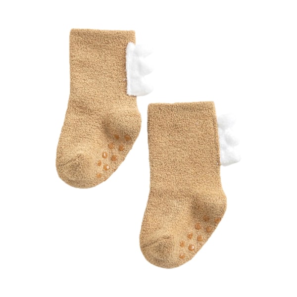 1 Par Toddlerstrumpor Tjocka Söta Sulor 3D Mjuka Håller Varma Korallfleece Dinosaurieutseende Babygolvstrumpor för Sovning Khaki M