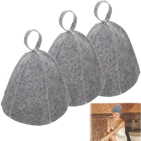 3 stk. Saunahat - Grå filt saunahat til kvinder og mænd Filt saunahat Saunahatte Sauna Cap Cap Velegnet til sauna, spa og bad