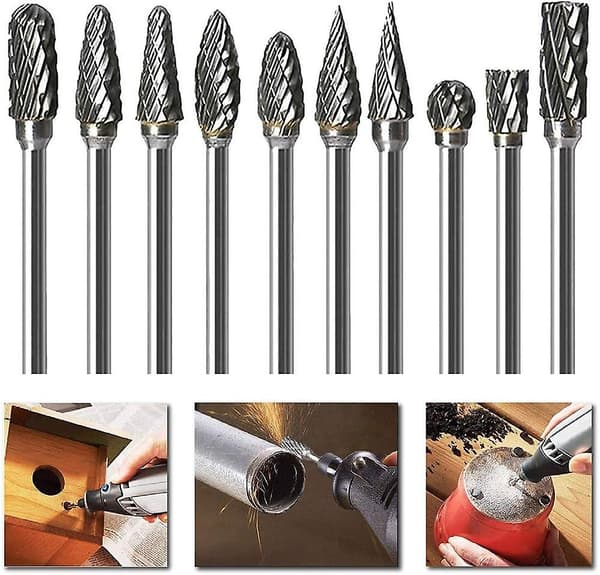 Gratersæt til Dremel, dobbeltkåret hårdmetal udskæringsbitsæt med 1/8\" skaft, sølv, 10 stk.